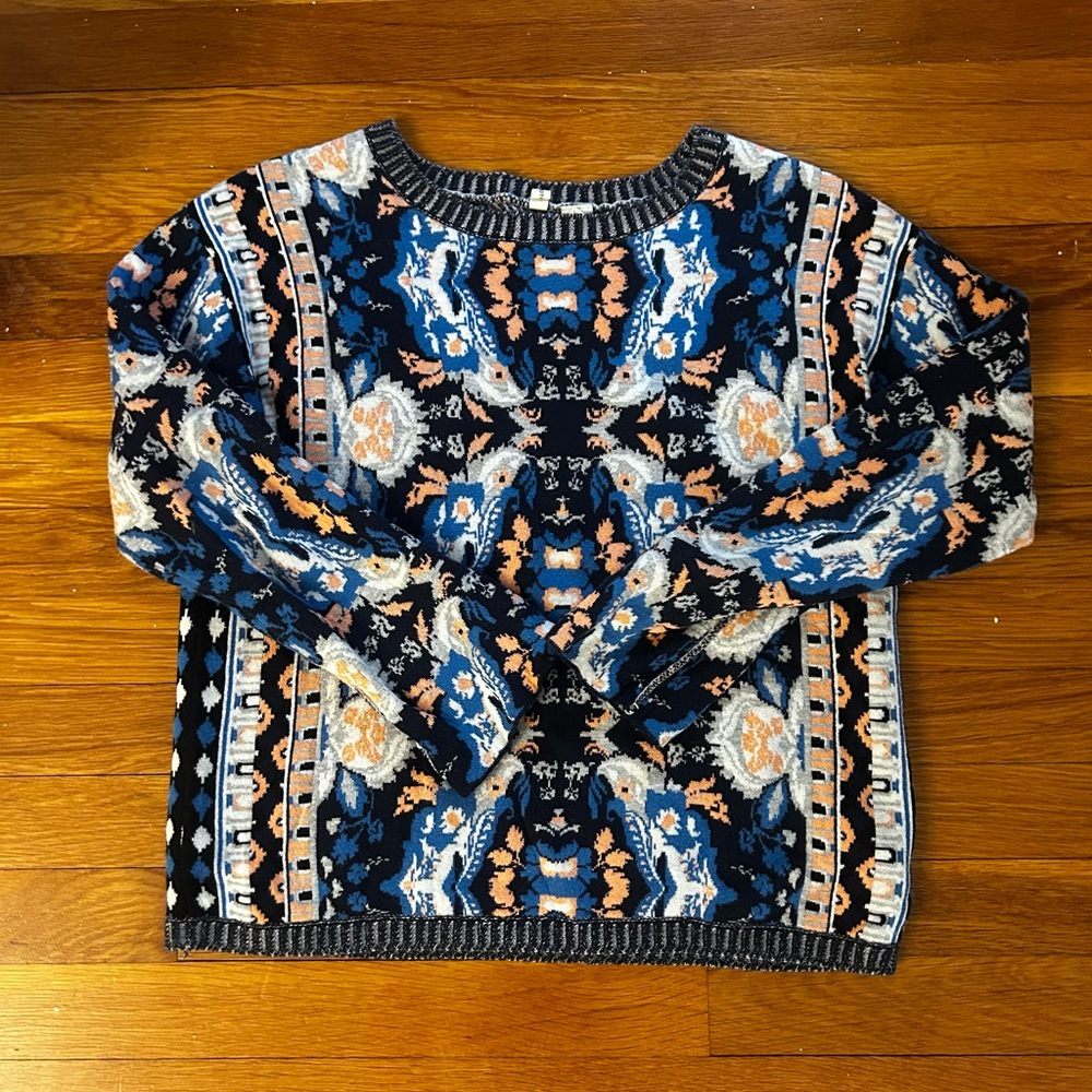 Moth Blue and Orange Crew Neck Sweater with Geometric Pattern